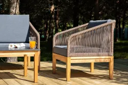 "Канны" лаунж-зона 4-местная из роупа со столиком "Канны" (серый гранит), основание дуб, роуп коричневый