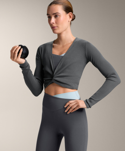 Oysho Футболка с длинными рукавами на запахе в рубчик, темно-серый