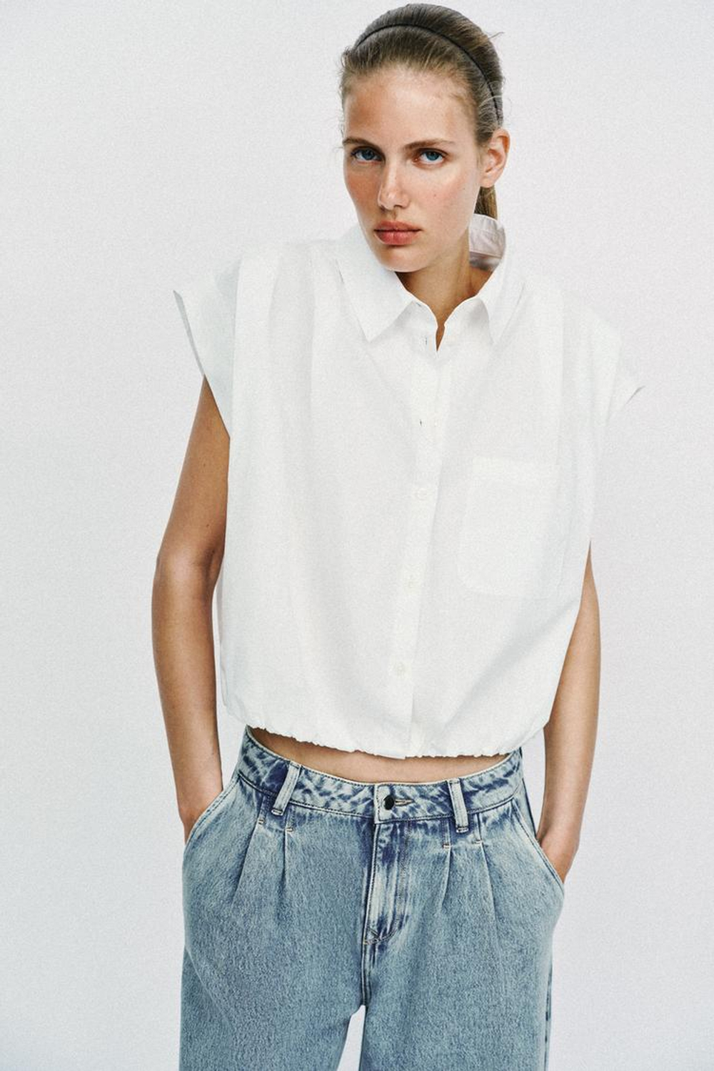 ZARA КОРОТКАЯ РУБАШКА-БАЛЛОН, БЕЛЫЙ