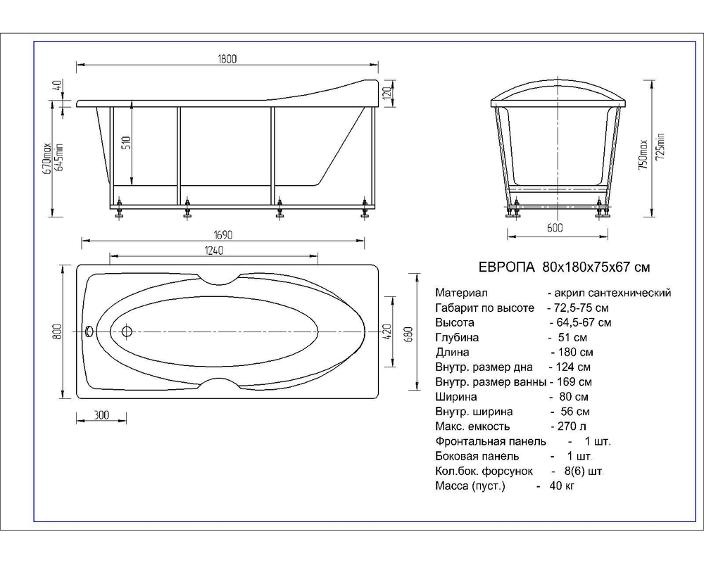 Акриловая ванна Aquatek Европа 180x80 прямоугольная, слив справа, с каркасом и экраном, без гидромассажа
