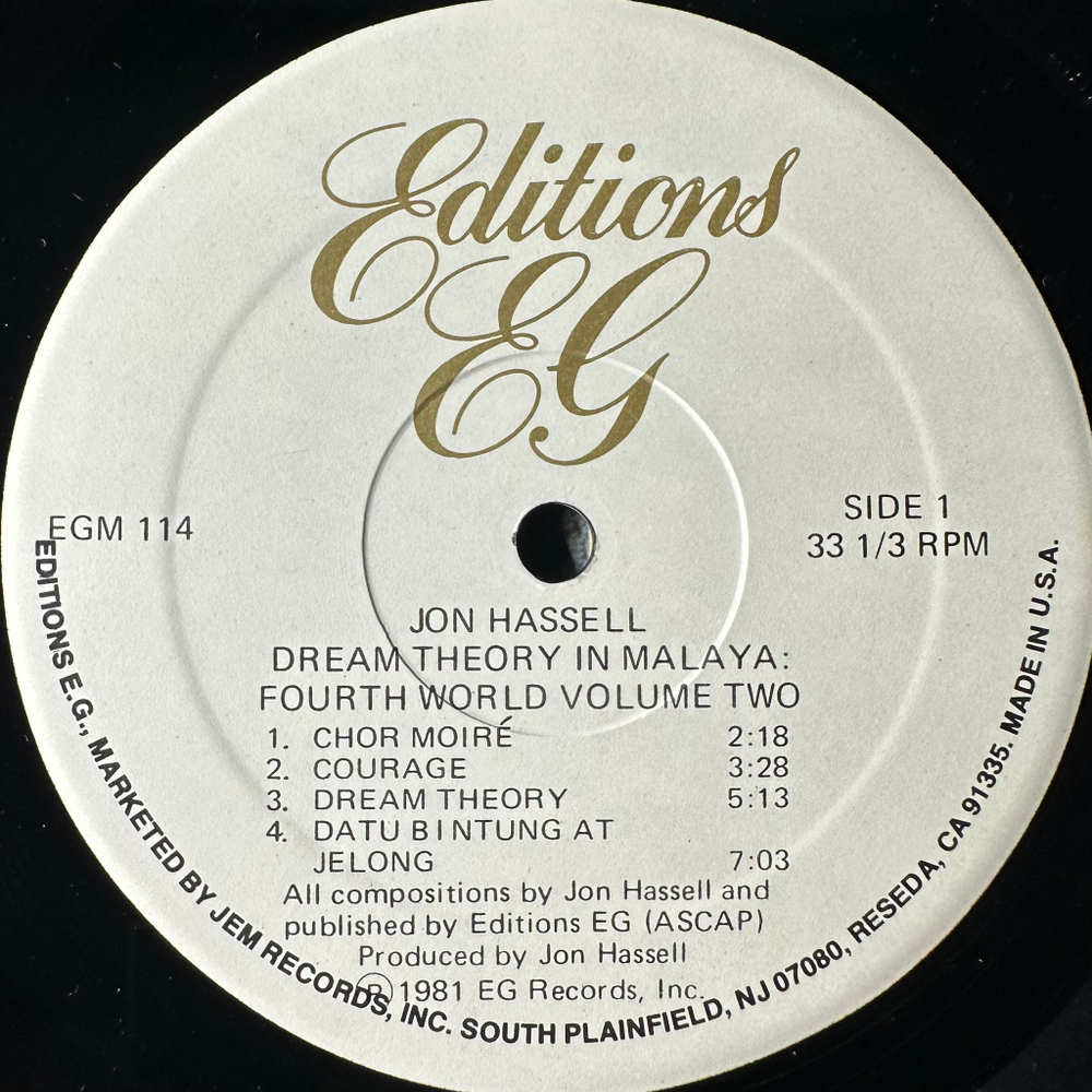 Jon Hassell ‎– Dream Theory In Malaya (Fourth World Volume Two) США 1981г.
