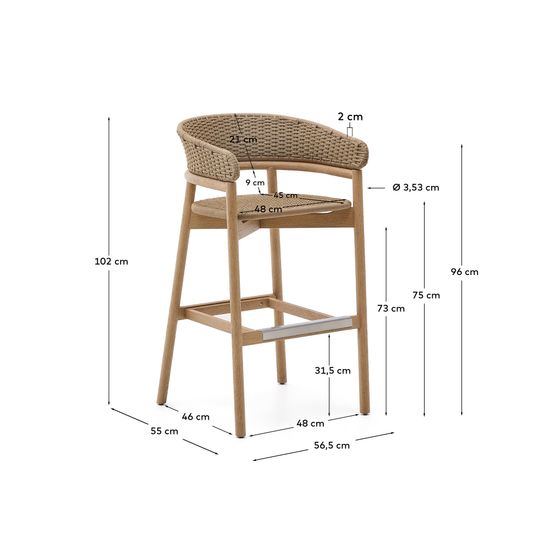 Барный стул Arinella из массива акации с натуральной отделкой и бежевой веревкой, высота 75 см