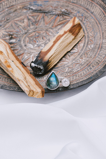 Кольцо «Дуо» с лабрадоритом и белым топазом