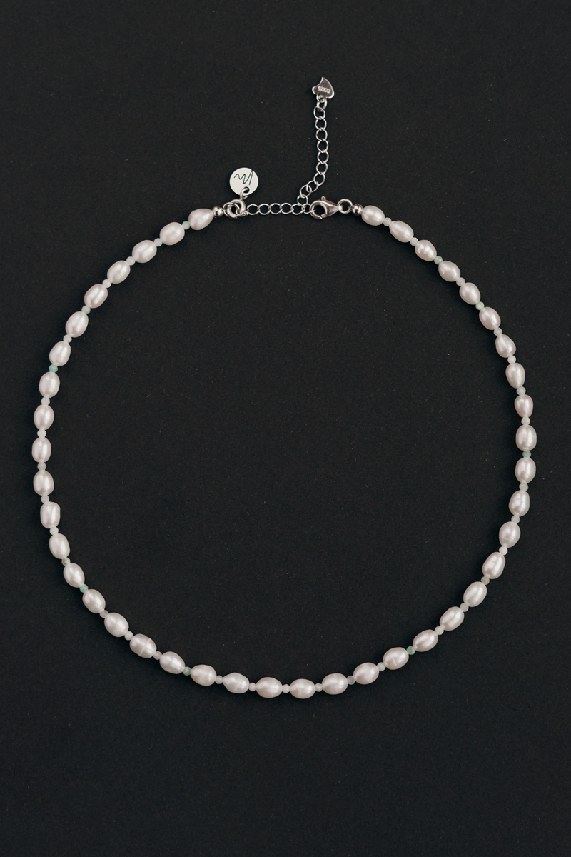 Чокер "Memo about Summer" из жемчуга рис с амазонитом 33-38 см