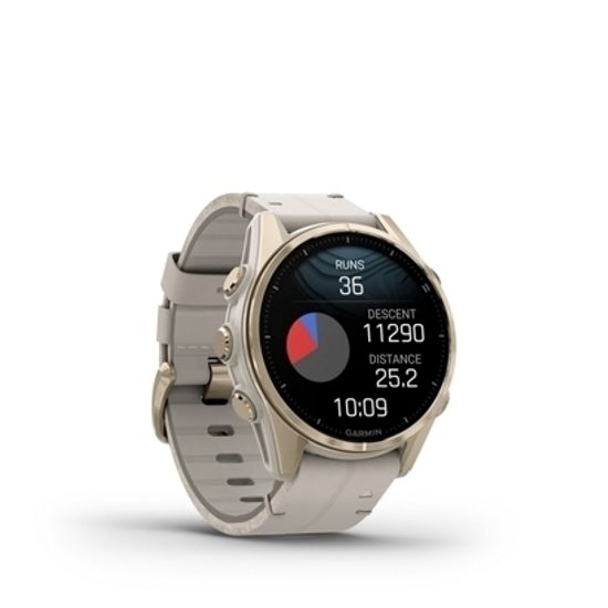 Мультиспортивные GPS часы Garmin Fenix 8S (43 mm) AMOLED, Sapphire Soft Gold Stainless Steel with Fog Gray Leather Band 010-02903-40