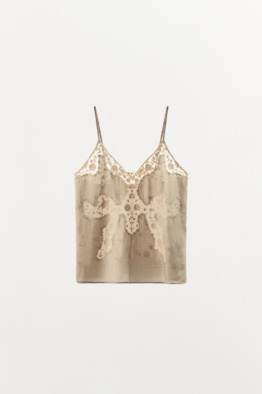 ZARA ТОП В БЕЛЬЕВОМ СТИЛЕ С ВЫШИВКОЙ — ZW COLLECTION, СЕРЫЙ/БЕЖЕВЫЙ