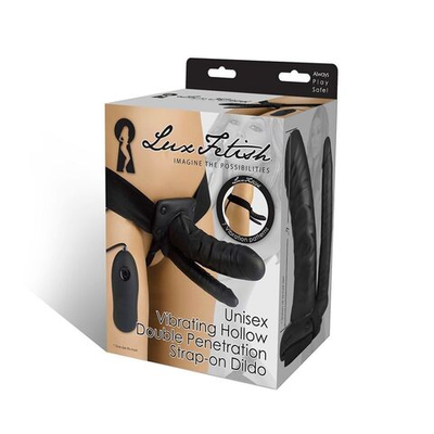 Полый страпон с двумя отростками и вибрацией Unisex Vibrating Hollow Strap-On Double Penetrating Dildo - 17,8 см. (Цвет: черный)
