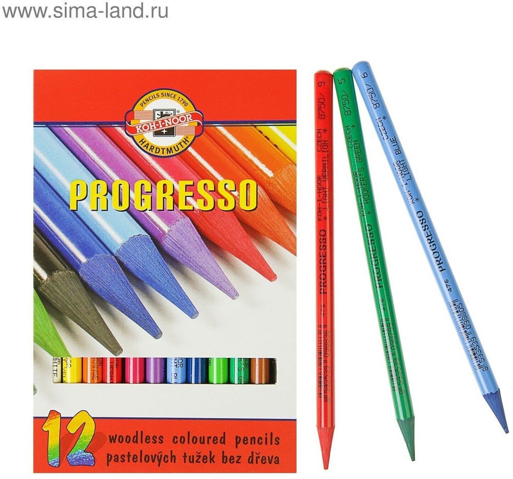 Карандаши цветные художественные KOH-I-NOOR "Progresso", 12 цветов, 7,1 мм, в лаке, без дерева, заточенные, 8756012007PZ