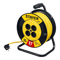 Сетевой удлинитель Удлинитель силовой Stayer 55070-30, розеток 4шт, 2x2.5 кв.мм, 10A, 30м, ПВС, катушка, желтый
