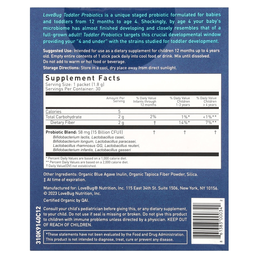 LoveBug Probiotics, пробиотики для детей в возрасте от 1 года до 4 лет, 15 млрд КОЕ, 30 порций в индивидуальных стик-пакетах по 1,8 г (0,06 унции)