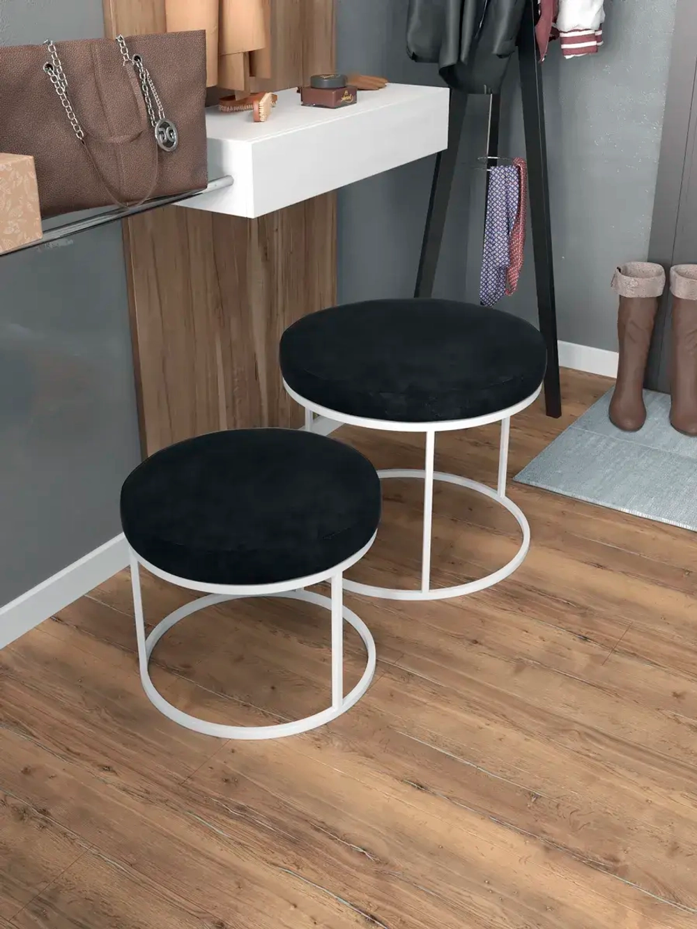 Комплект круглых банкеток - БЧЕРН - черное на белом