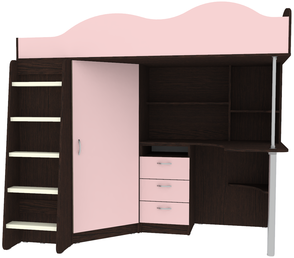 Кровать-чердак КарИВи Пионер с деревянной лестницей Венге Розовый