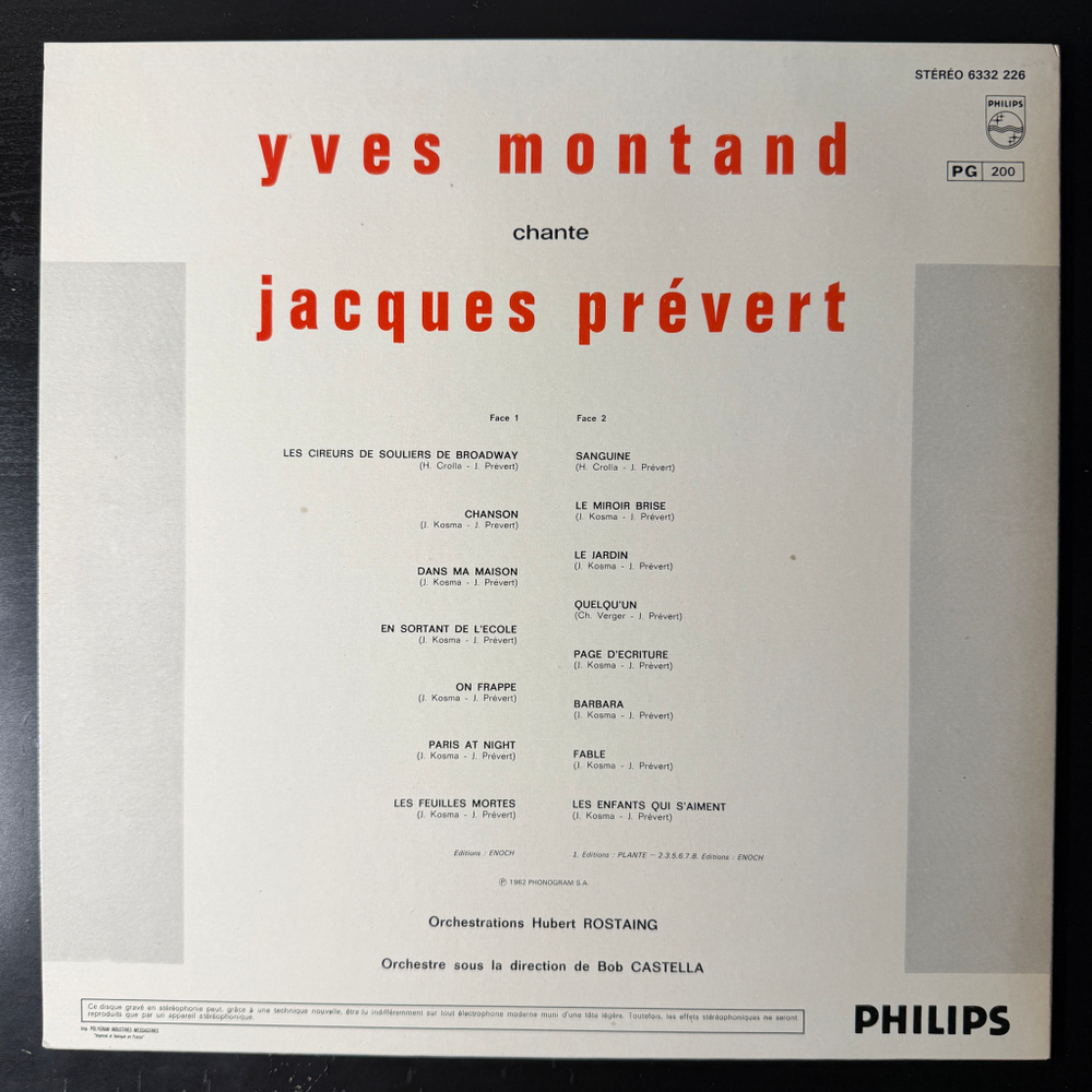 Yves Montand ‎– Montand Chante Prévert (Франция) Т
