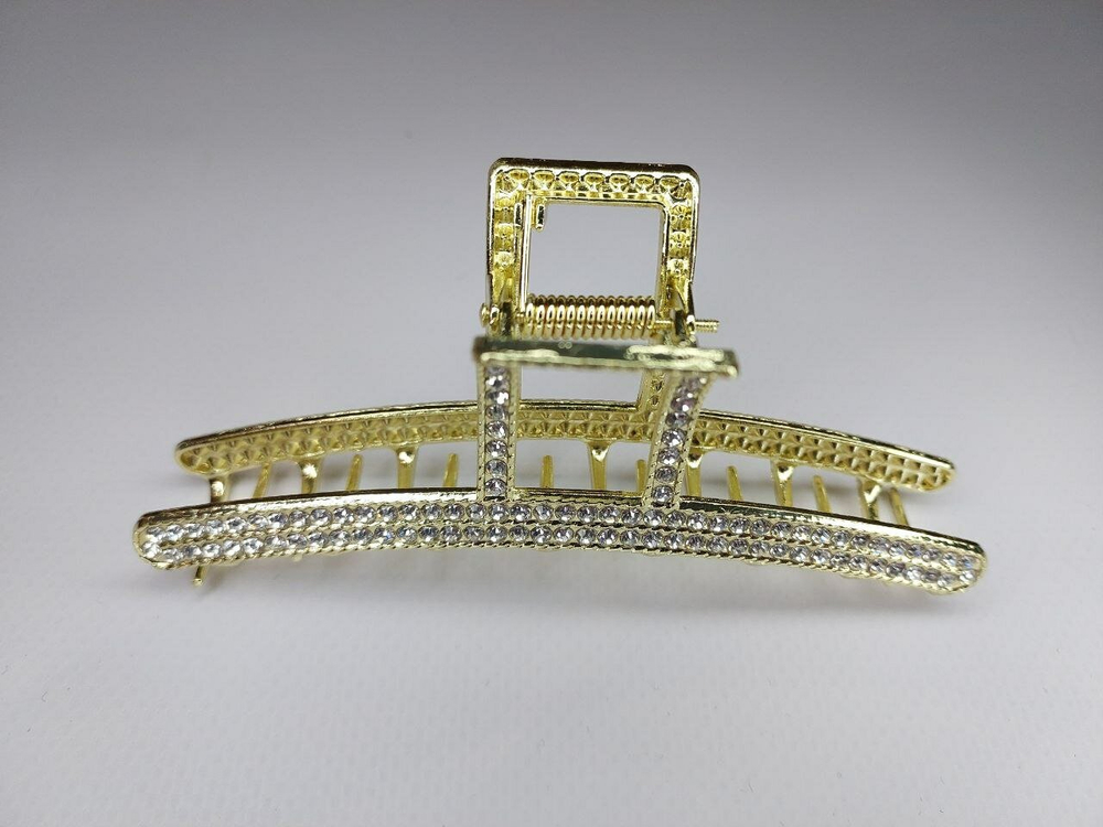 Заколка Краб Блестящий зажим для волос с квадратной дугой со стразами. Металлический. Усиленный.  Цвет золото.