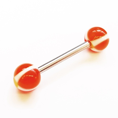 Штанга 16 мм с акриловыми цветными шариками 6 мм (красный с белым) для пирсинга языка. Медицинская сталь. 1 шт