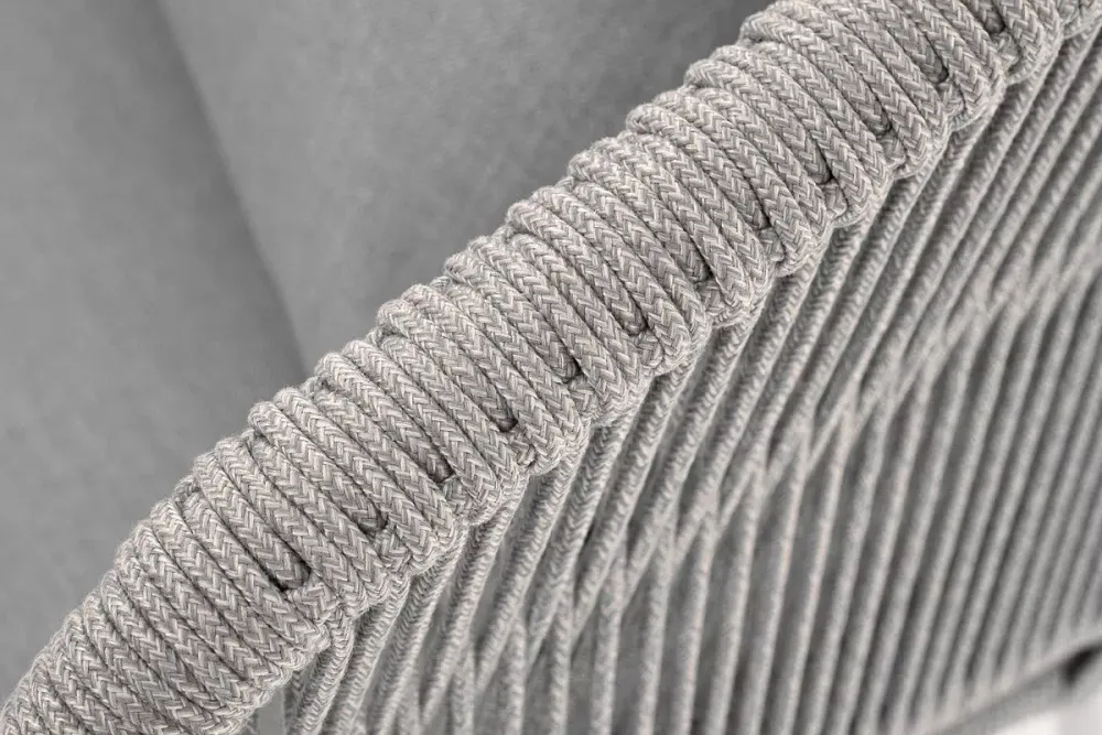 "Милан" диван 2-местный плетеный из роупа, каркас алюминий светло-серый (RAL7035) муар, роуп серый меланж круглый, ткань светло-серая