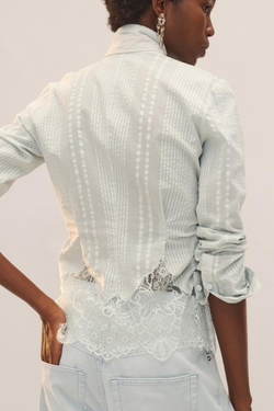 ZARA РУБАШКА С ДЛИННЫМИ РУКАВАМИ И КРУЖЕВОМ - LIMITED EDITION, ЦВЕТ МОРСКОЙ ВОЛНЫ