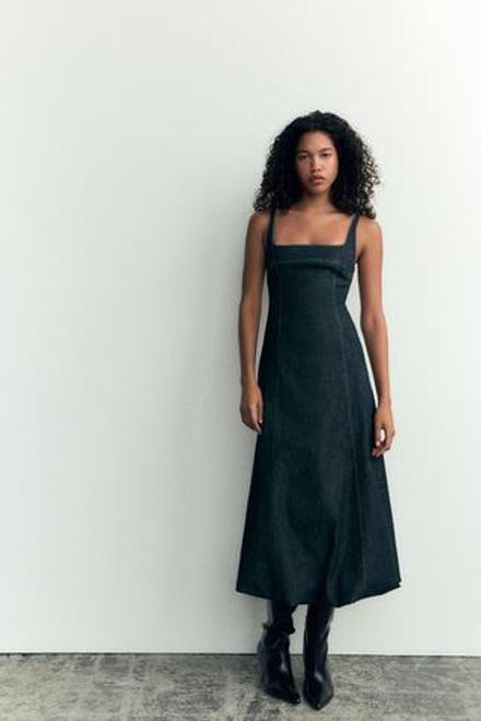 ZARA ДЖИНСОВОЕ ПЛАТЬЕ-БАЛЛОН TRF, ТЕМНЫЙ ИНДИГО