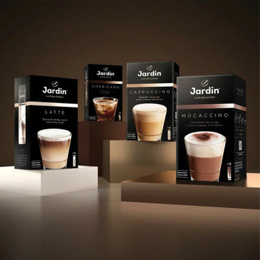 Кофе растворимый порционный JARDIN "3 в 1 Латте", КОМПЛЕКТ 8 пакетиков по 18 г, 1693-10