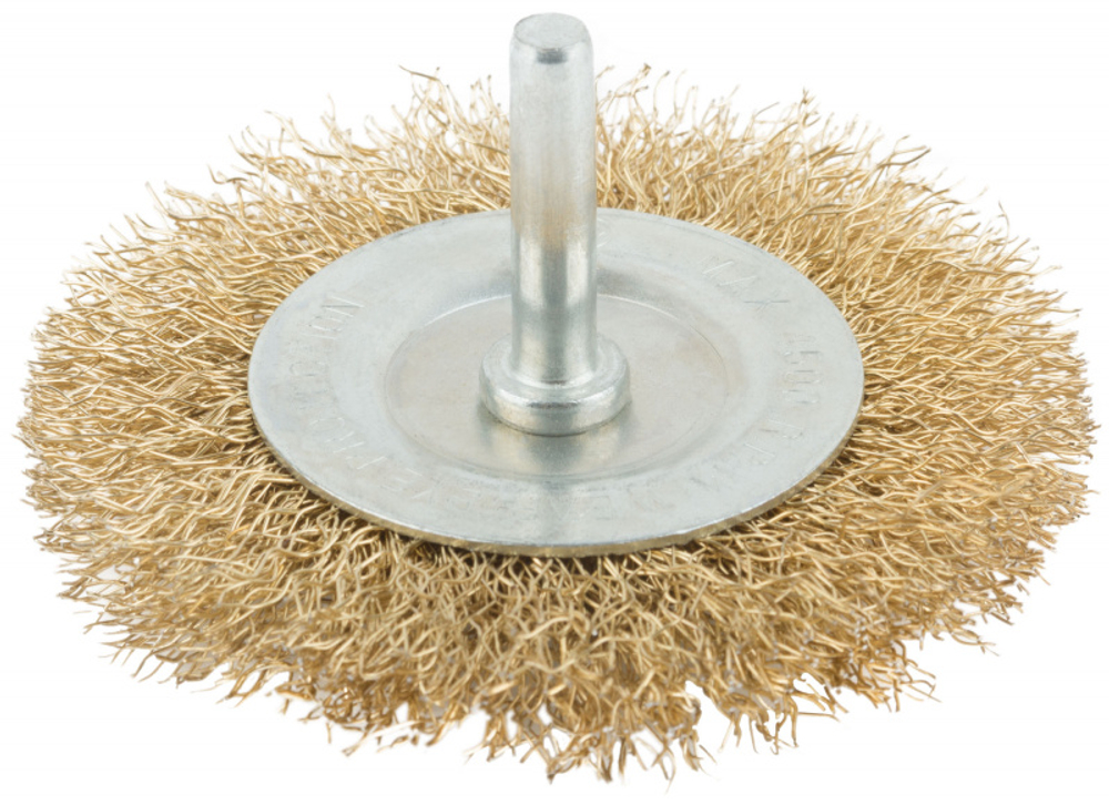 Корщетка-колесо со штифтом стальная латунированная волнистая проволока 100мм