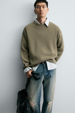 ZARA СВИТЕР ИЗ ХЛОПКА С РЕЛЬЕФНОЙ ТКАНЬЮ, СВЕТЛО-ЗЕЛЕНЫЙ