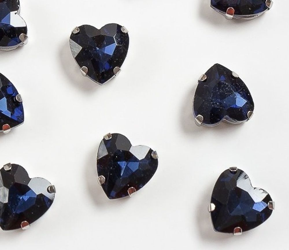 Стразы пришивные стекло в оправе "Сердечко", р. 12 мм, тёмно-синий