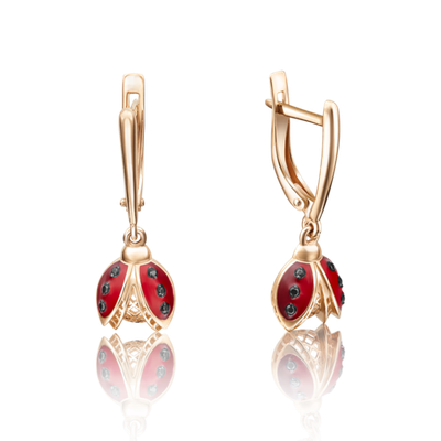 Серьги «Божьи коровки» с английским замком из красного золота с фианитами и эмалью