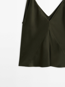 Massimo Dutti Укороченный атласный топ с V-образным вырезом, хаки
