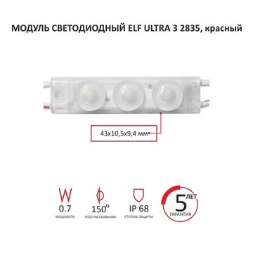 Модуль светодиодный ELF Ultra 3 с линзой, красный, 3 SMD 2835, 12V, 0,7Вт, 150гр., IP68