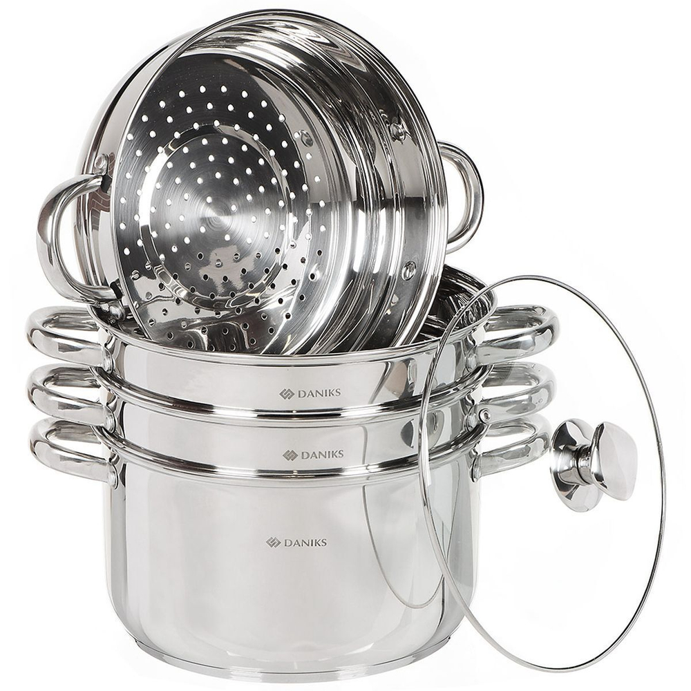 Мантоварка нерж, 26 см, 7 л, 4 секц, Daniks, крышка стекло, индукц, металл ручки, глянец, SD-S26-4