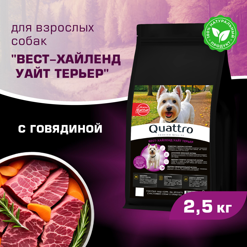 Корм сухой для взрослых собак породы Вест-хайленд уайт терьер, с говядиной, 2,5 кг, QUATTRO