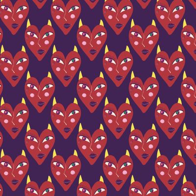 Фиолетовый паттерн с красными сердцами дьяволами