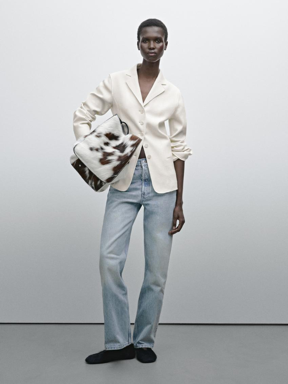 Massimo Dutti Большая кожаная сумка-шопер с принтом, белый