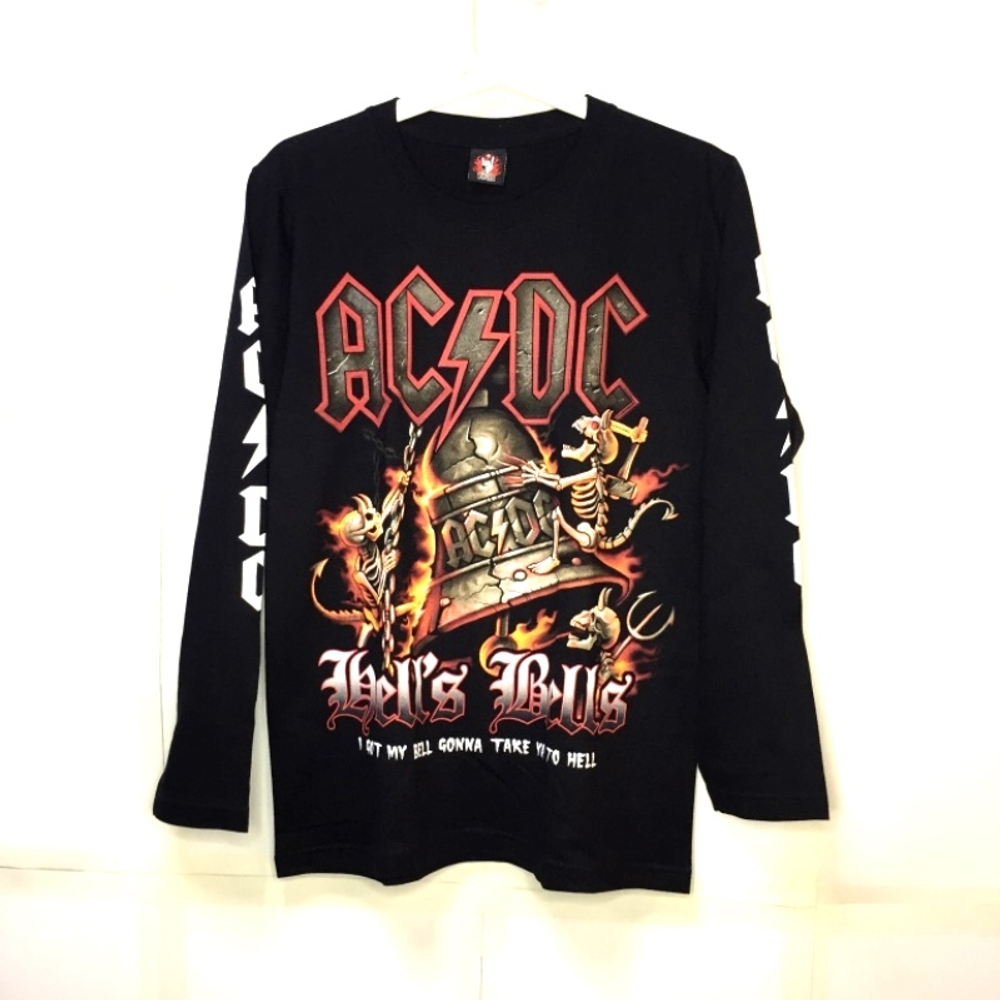 Футболка тайланд с рукавами AC DC Hells bells (колокол с чертями надпись не блестящая ) (XS)
