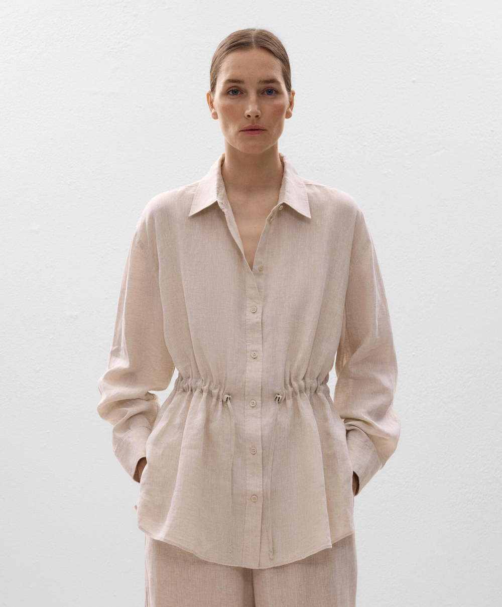 Oysho Длинная льняная рубашка, песочный меланж