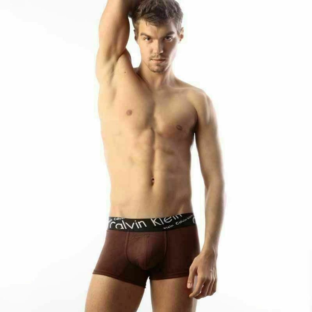 Мужские трусы хипсы коричневые с черной косой резинкой Calvin Klein Black Waistband Italics Boxer Brown