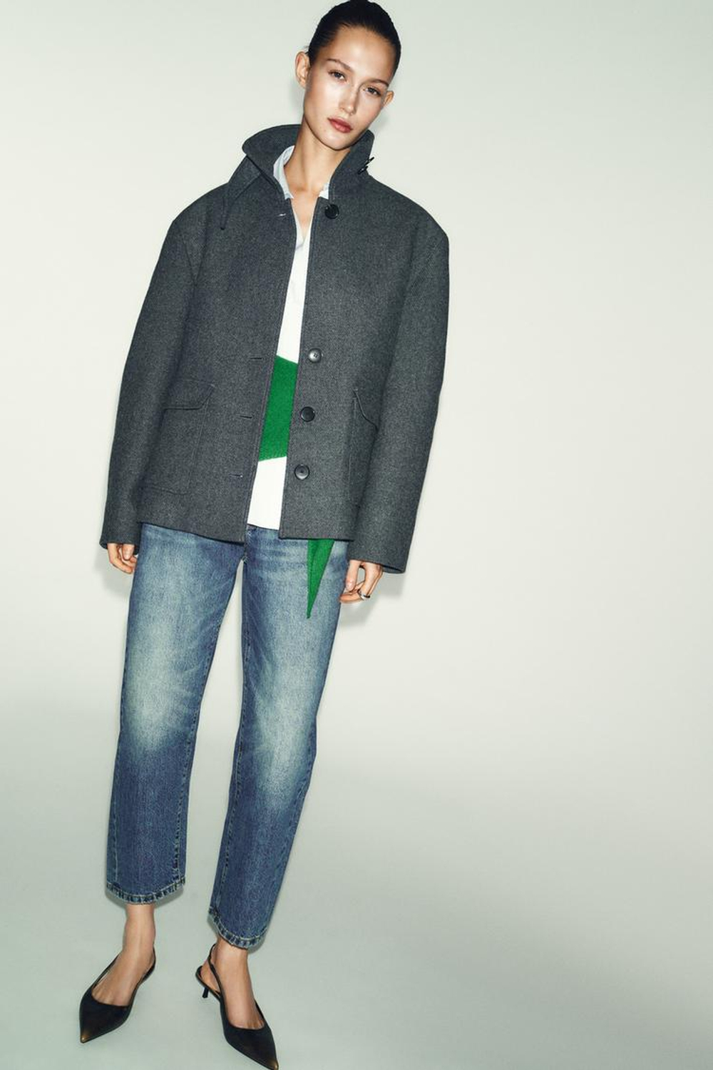 ZARA КОРОТКОЕ ПАЛЬТО ИЗ СМЕСОВОЙ ШЕРСТИ С ВОРОТНИКОМ-СТОЙКОЙ, СЕРЫЙ