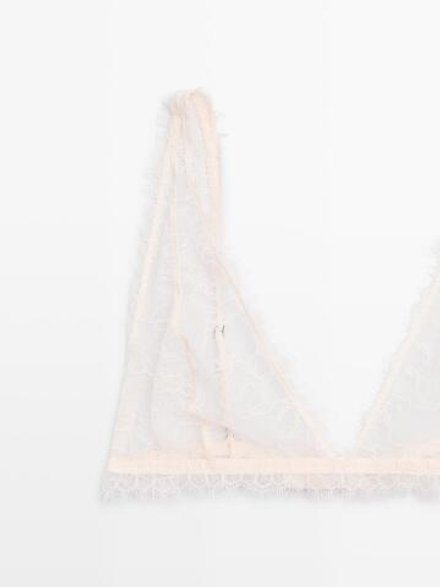 Massimo Dutti Кружевной топ-бралетт с бахромой, натуральный/кремовый