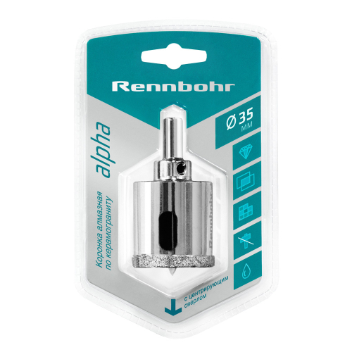 Коронка алмазная с центрирующим сверлом по керамограниту и керамике 35мм "Rennbohr"