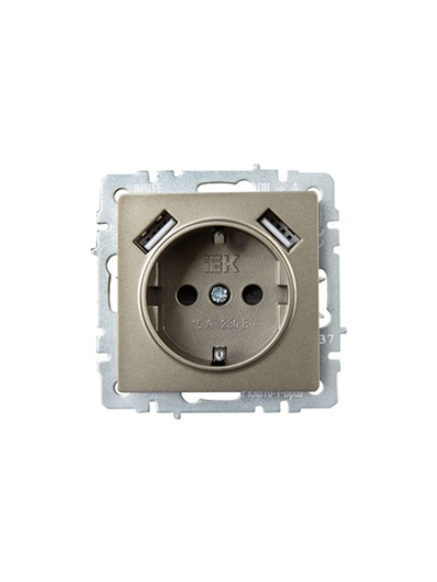 Розетка BRITE РЮш10-1-БрШ 16А с USB A+A 2.1А с заземл. защ. шторки механизм шампань IEK BR-R14-16-U21-D21-K37