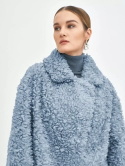 Шуба чебурашка длинная из овечьей шерсти, голубая, SilverFox