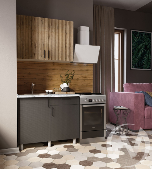 Кухня Грейс 1.0м (корпус белый/дуб канадский; карбон вулкан) 26мм мрамор итальянский