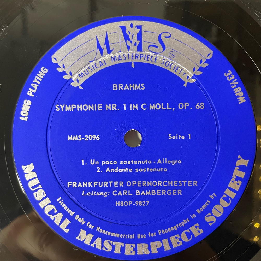 Винтажная виниловая пластинка LP Brahms Брамс, Frankfurter Opernorchester, Carl Bamberger Симфония Symphonie Nr. 1 (Германия 1966)