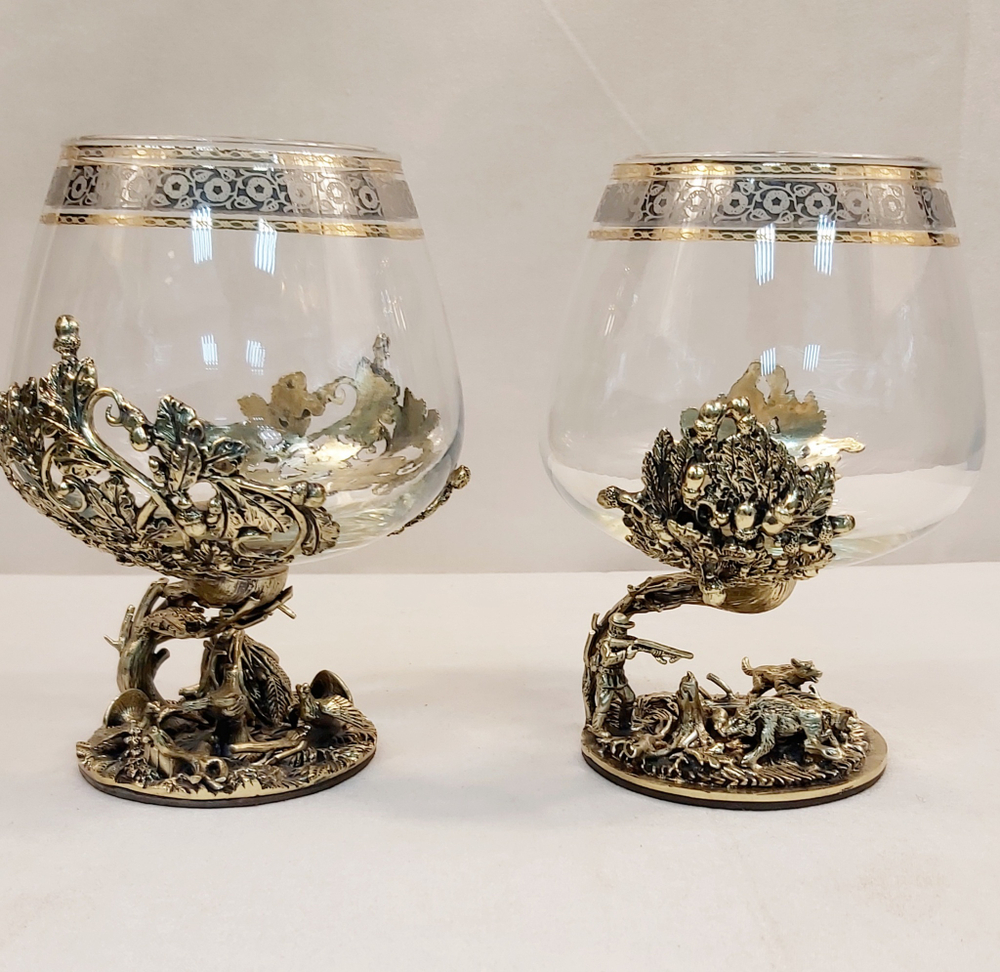 Набор из 2-х бокалов для коньяка "Охота на глухаря и Охота на кабана" (подарочный футляр)