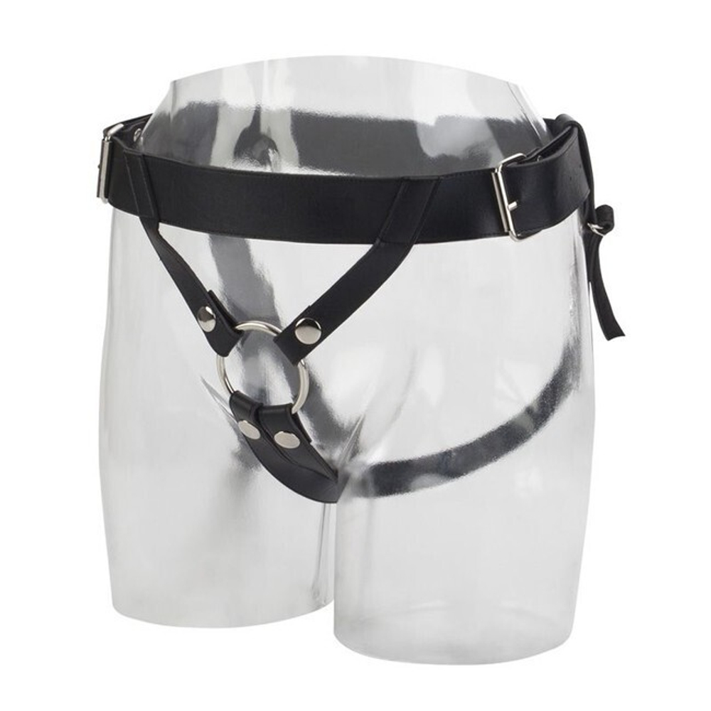 Кожаные страпон-трусики с кольцом Universal Love Rider (Цвет: черный с серебряным)