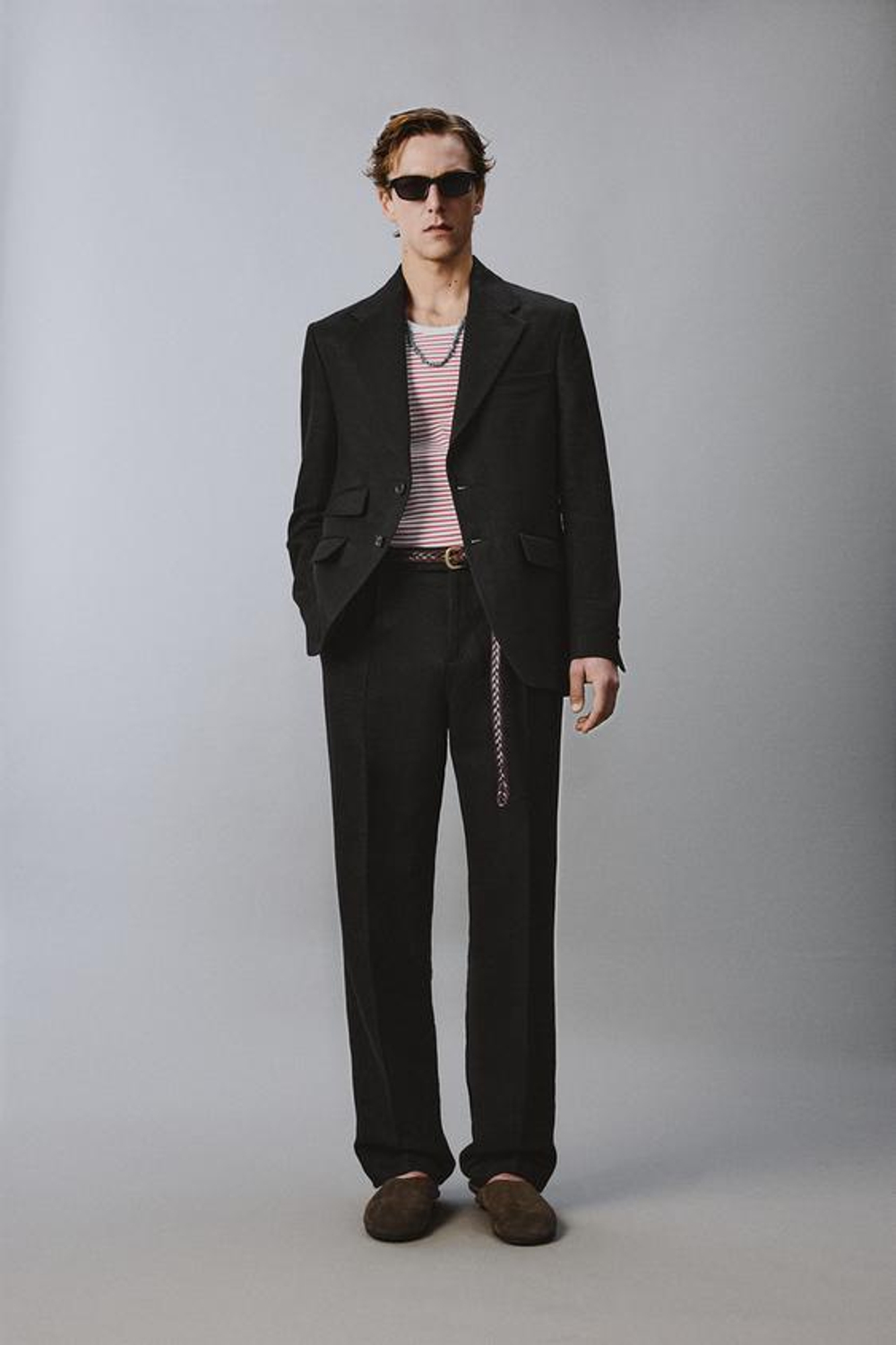 ZARA X AARON LEVINE КОСТЮМНЫЙ ПИДЖАК ИЗ 100% ЛЬНЯНОГО ТВИЛА, ЧЕРНЫЙ