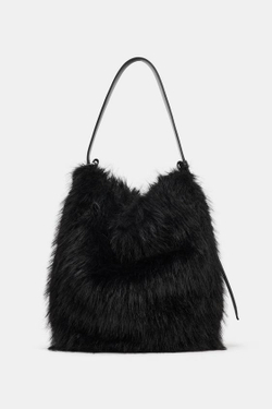 ZARA СУМКА-МЕШОК ИЗ ИСКУССТВЕННОГО МЕХА, ЧЕРНЫЙ