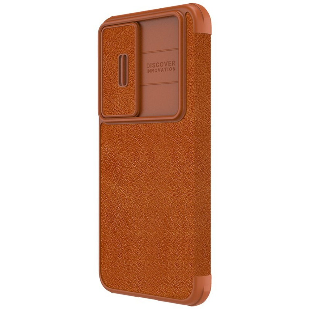 Кожаный чехол книжка коричневого цвета от Nillkin для Samsung Galaxy S23, серия Qin Pro Leather с защитной шторкой для камеры