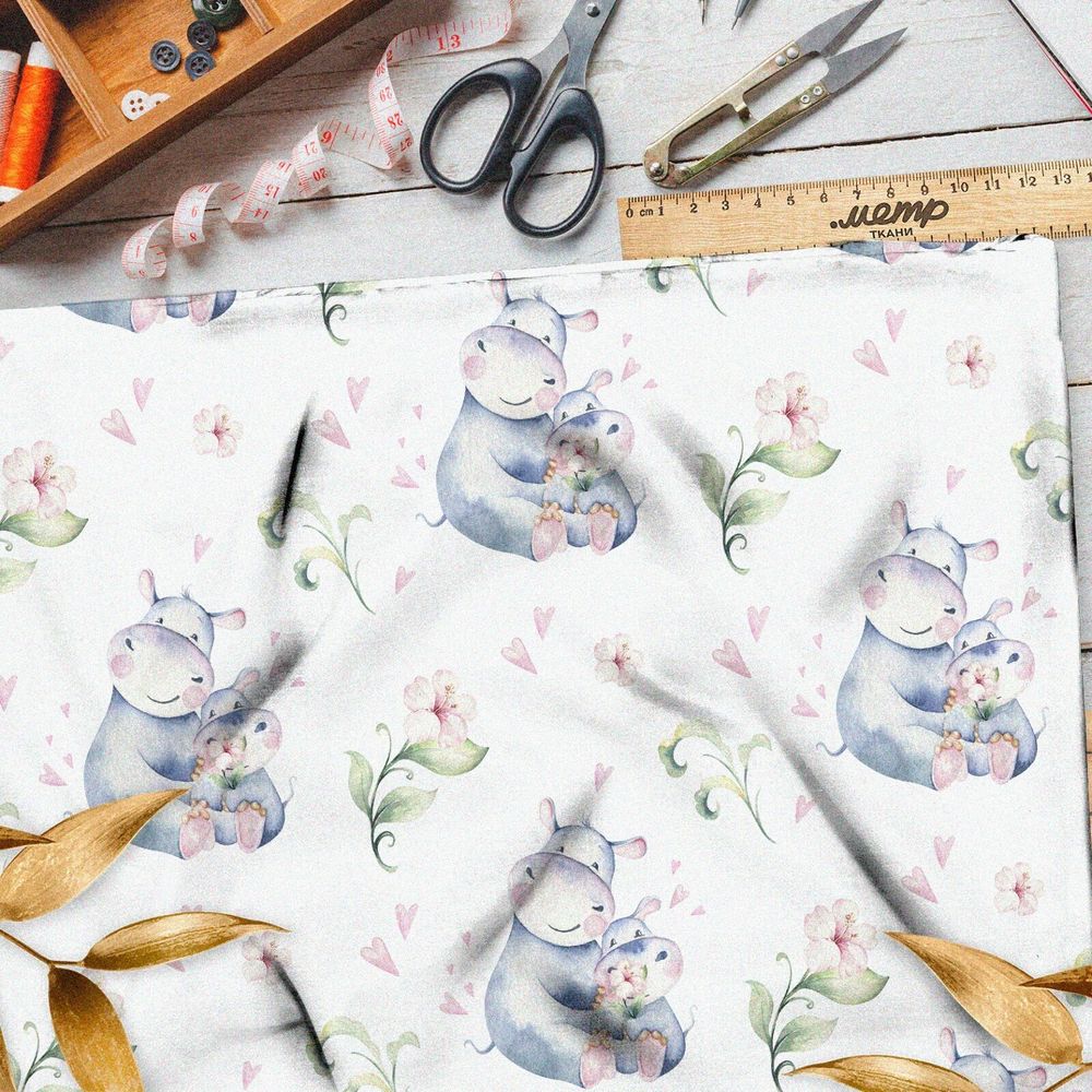 Ткань шелк Армани акварельные бегемотики