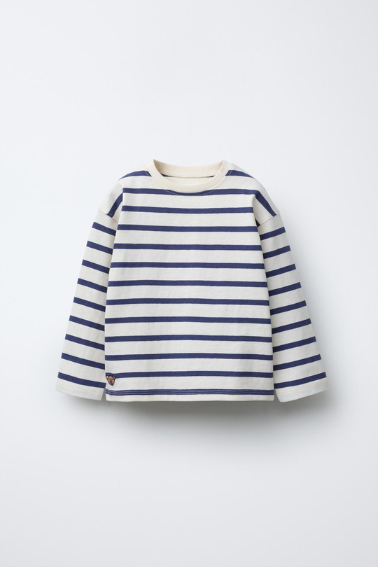 ZARA ЛОНГСЛИВ ИЗ ПЛОТНОГО ТРИКОТАЖА В ПОЛОСКУ С ВЫШИВКОЙ, МОРСКОЙ СИНИЙ